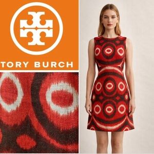 Tory Burch Ikat Linen Shift Dress Linen Orange/Red Metallic Geo print Sz 8